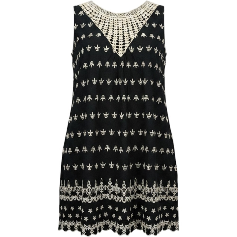 Pleione Black White Embroidered Crochet Bib Shift‎ Dress Small